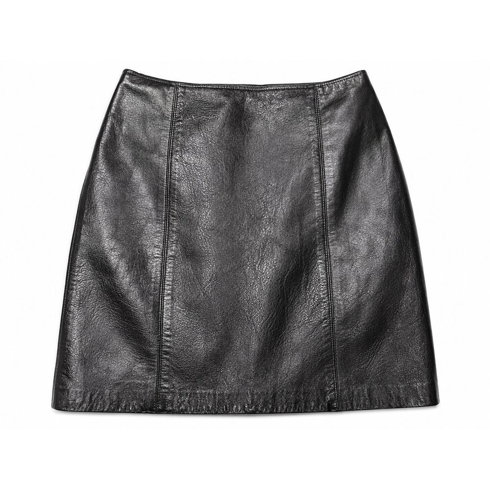 Cache Black Genuine Leather Mini Skirt Size 2 Y2K 90s Bodycon Straight Zipper XS